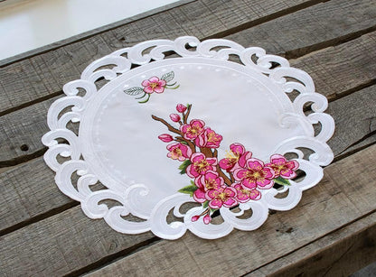 Doily Pink Cherry Blossom Round White Table Linen with Embroidered Floral Design Decorative Lace Edge Placemat Table Topper (15 Inch Round)
