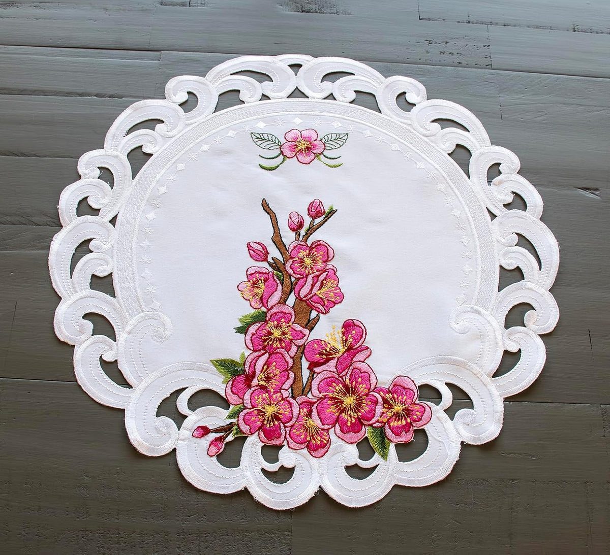 Doily Pink Cherry Blossom Round White Table Linen with Embroidered Floral Design Decorative Lace Edge Placemat Table Topper (15 Inch Round)