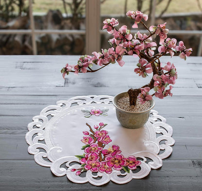 Doily Pink Cherry Blossom Round White Table Linen with Embroidered Floral Design Decorative Lace Edge Placemat Table Topper (15 Inch Round)