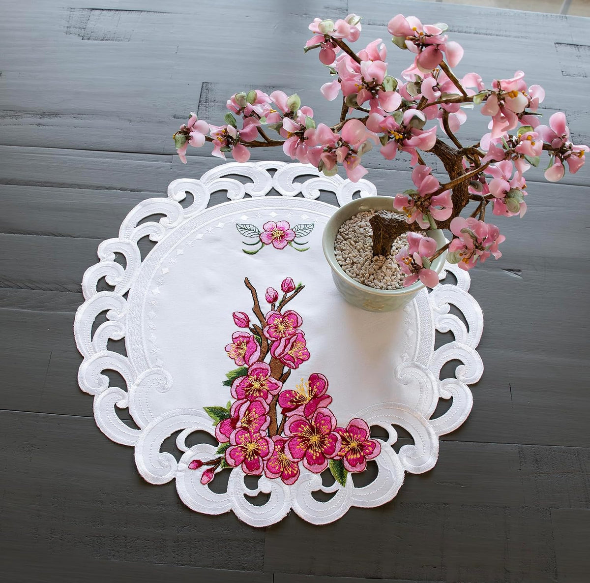 Doily Pink Cherry Blossom Round White Table Linen with Embroidered Floral Design Decorative Lace Edge Placemat Table Topper (15 Inch Round)
