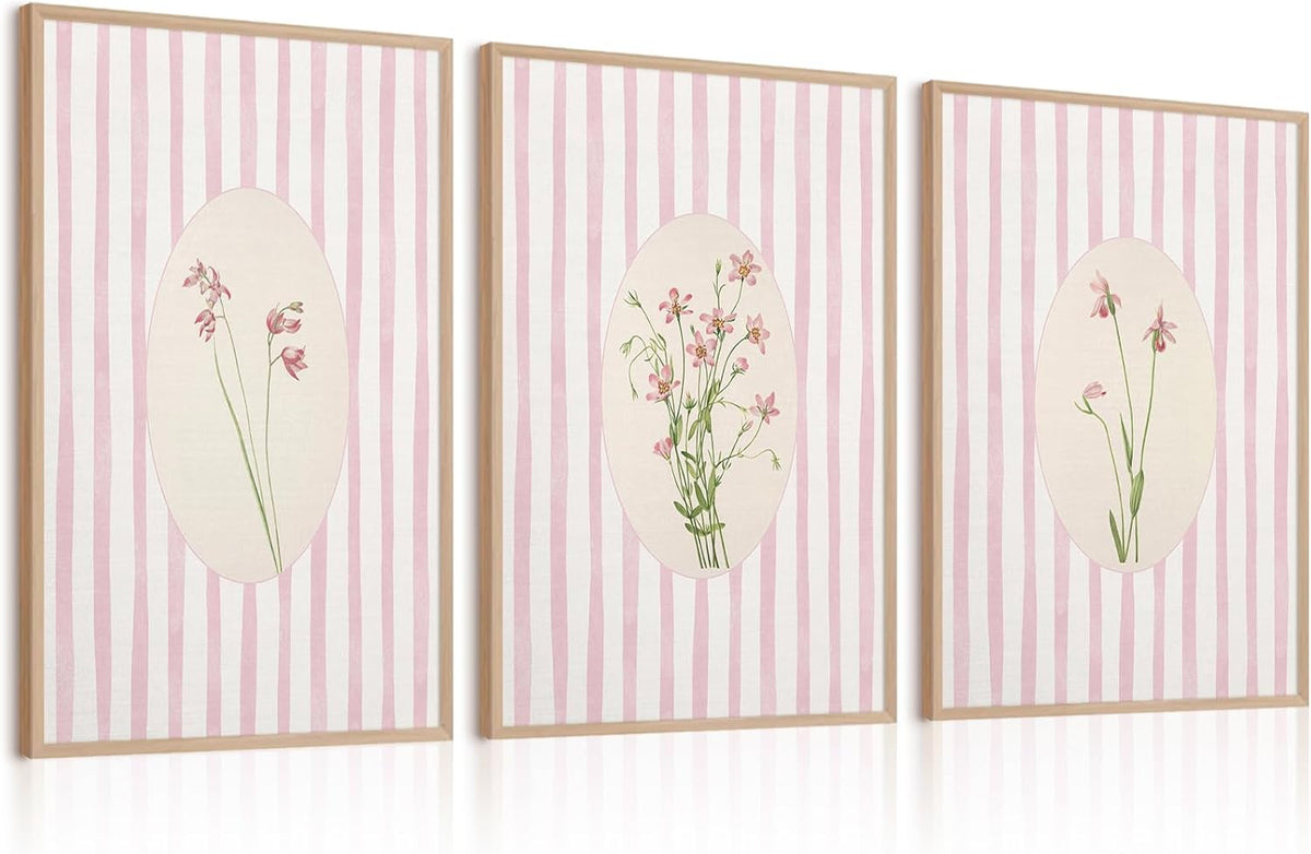 Pink Flower Wall Art Striped Floral Prints Botanical Canvas Wall Decor Aesthetic Pictures Pastel Pink Floral Poster Minimalist Flower Painting for Girl Room 12x16 Inch Unframed Set of 3