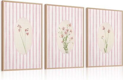 Pink Flower Wall Art Striped Floral Prints Botanical Canvas Wall Decor Aesthetic Pictures Pastel Pink Floral Poster Minimalist Flower Painting for Girl Room 12x16 Inch Unframed Set of 3