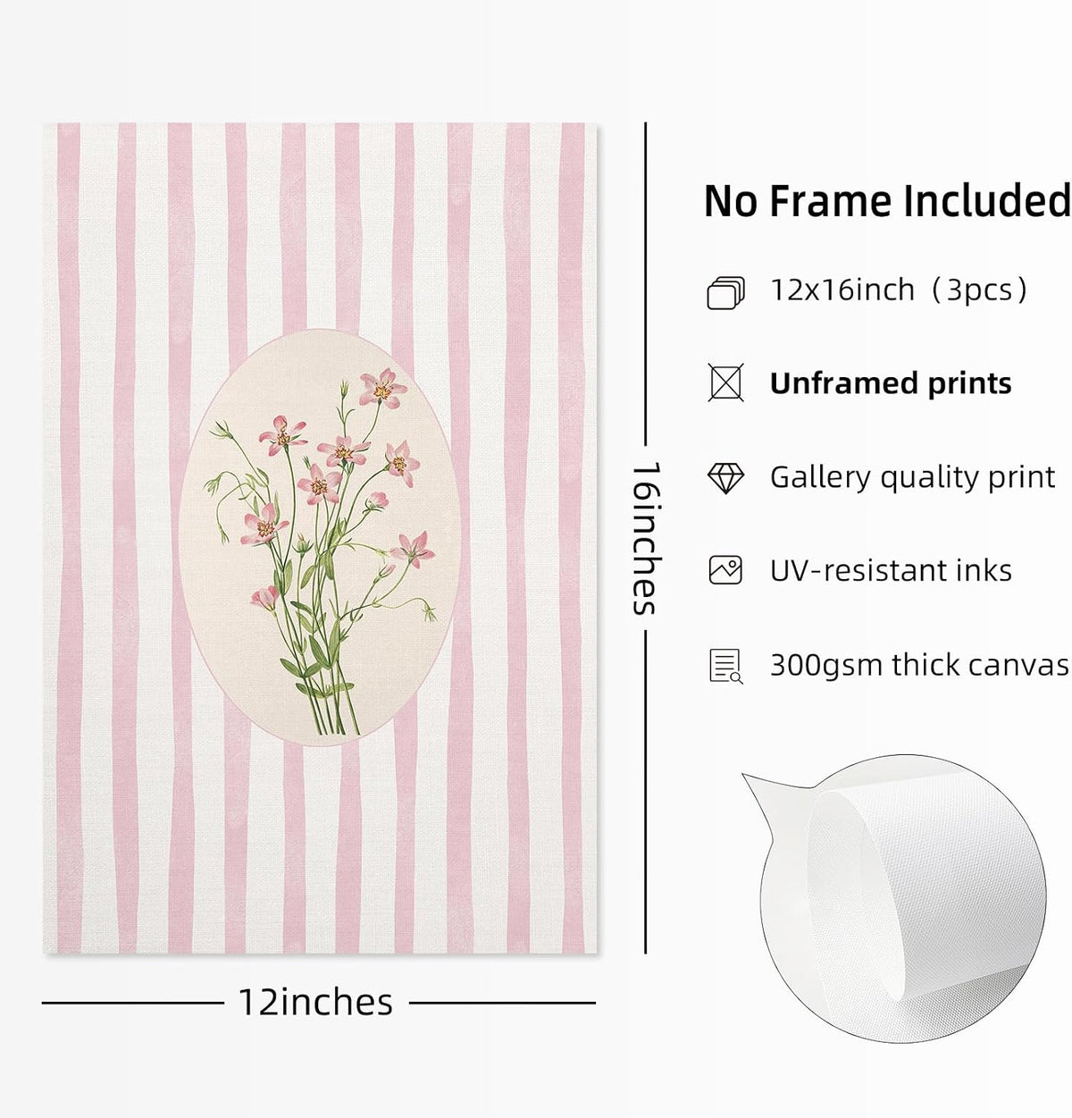 Pink Flower Wall Art Striped Floral Prints Botanical Canvas Wall Decor Aesthetic Pictures Pastel Pink Floral Poster Minimalist Flower Painting for Girl Room 12x16 Inch Unframed Set of 3