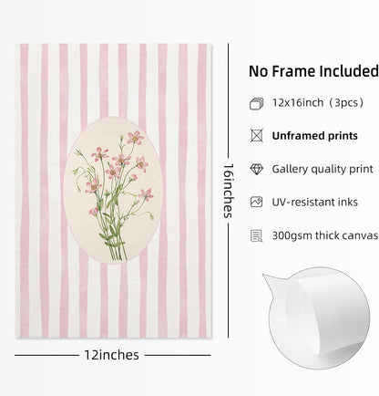 Pink Flower Wall Art Striped Floral Prints Botanical Canvas Wall Decor Aesthetic Pictures Pastel Pink Floral Poster Minimalist Flower Painting for Girl Room 12x16 Inch Unframed Set of 3