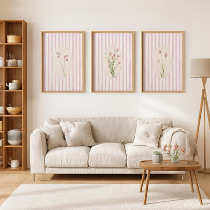 Pink Flower Wall Art Striped Floral Prints Botanical Canvas Wall Decor Aesthetic Pictures Pastel Pink Floral Poster Minimalist Flower Painting for Girl Room 12x16 Inch Unframed Set of 3
