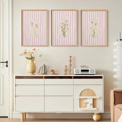 Pink Flower Wall Art Striped Floral Prints Botanical Canvas Wall Decor Aesthetic Pictures Pastel Pink Floral Poster Minimalist Flower Painting for Girl Room 12x16 Inch Unframed Set of 3