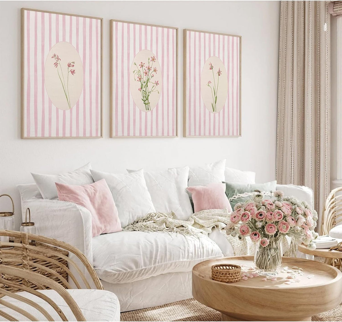 Pink Flower Wall Art Striped Floral Prints Botanical Canvas Wall Decor Aesthetic Pictures Pastel Pink Floral Poster Minimalist Flower Painting for Girl Room 12x16 Inch Unframed Set of 3