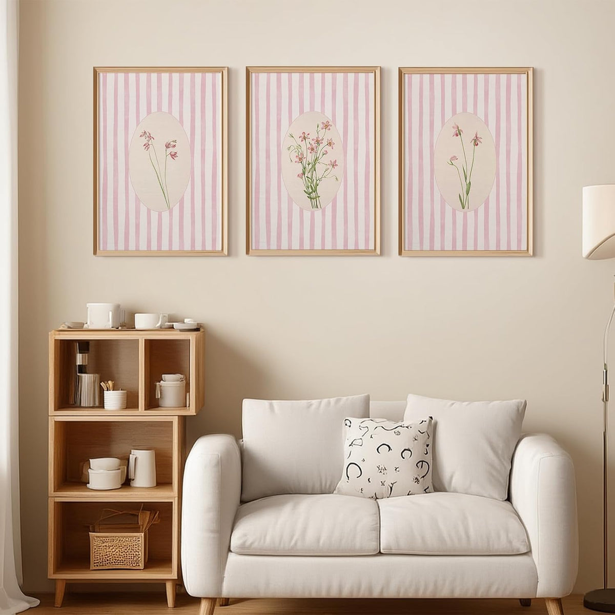 Pink Flower Wall Art Striped Floral Prints Botanical Canvas Wall Decor Aesthetic Pictures Pastel Pink Floral Poster Minimalist Flower Painting for Girl Room 12x16 Inch Unframed Set of 3