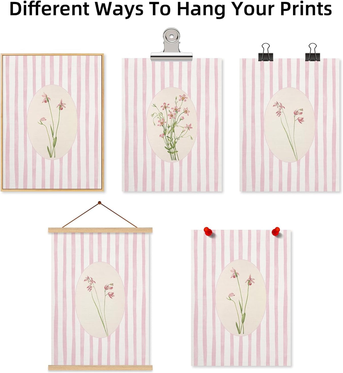 Pink Flower Wall Art Striped Floral Prints Botanical Canvas Wall Decor Aesthetic Pictures Pastel Pink Floral Poster Minimalist Flower Painting for Girl Room 12x16 Inch Unframed Set of 3