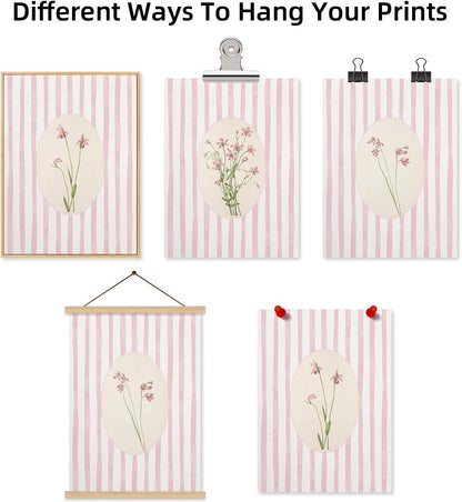 Pink Flower Wall Art Striped Floral Prints Botanical Canvas Wall Decor Aesthetic Pictures Pastel Pink Floral Poster Minimalist Flower Painting for Girl Room 12x16 Inch Unframed Set of 3
