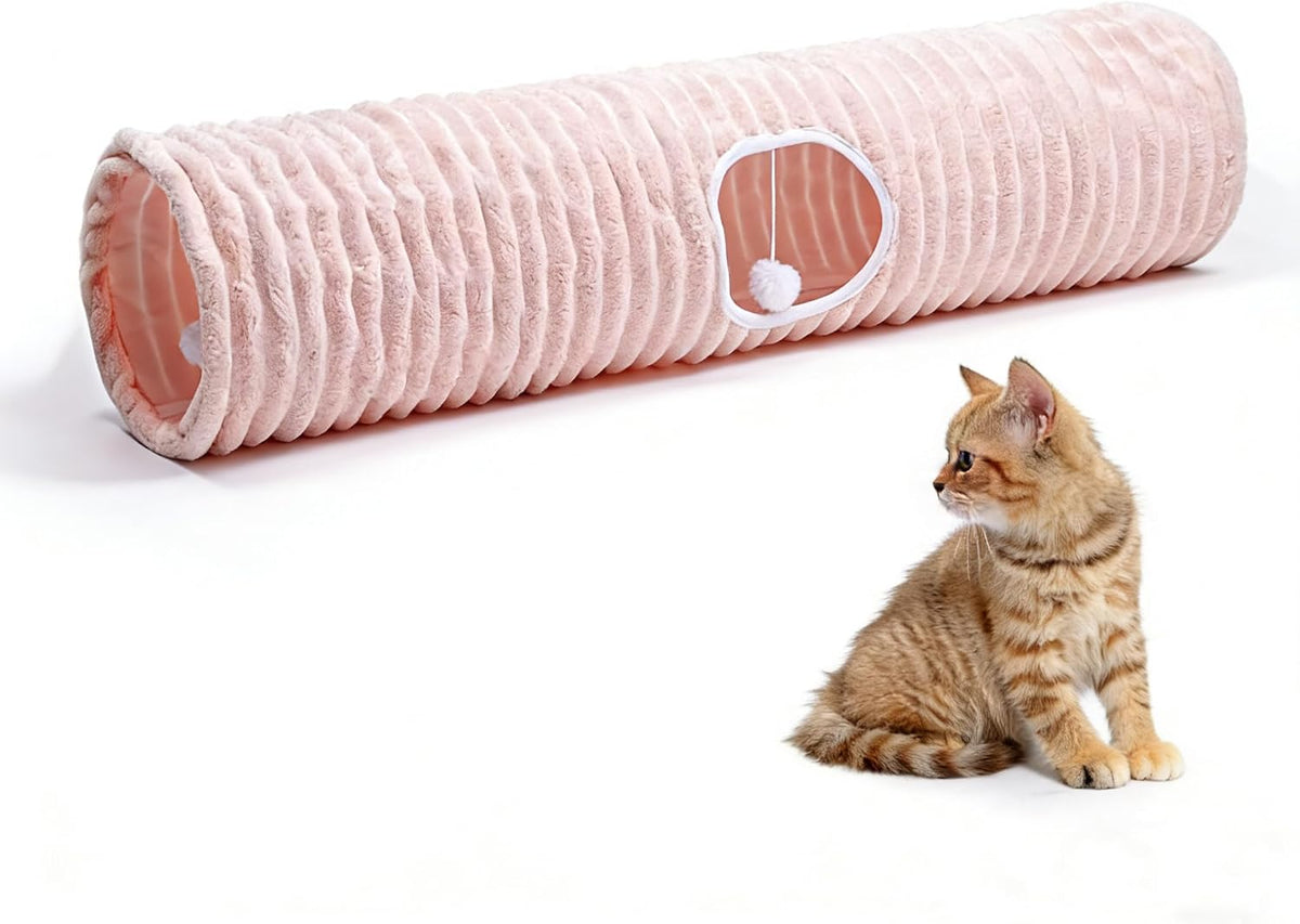 Luxurious Cat Tunnel,43" Straight Cat Tunnel Toys with Balls for Indoor,Collapsible Peekaboo Cave for Kitten（Pink Stripe）