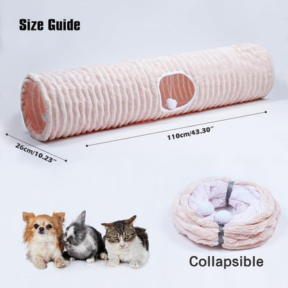 Luxurious Cat Tunnel,43" Straight Cat Tunnel Toys with Balls for Indoor,Collapsible Peekaboo Cave for Kitten（Pink Stripe）
