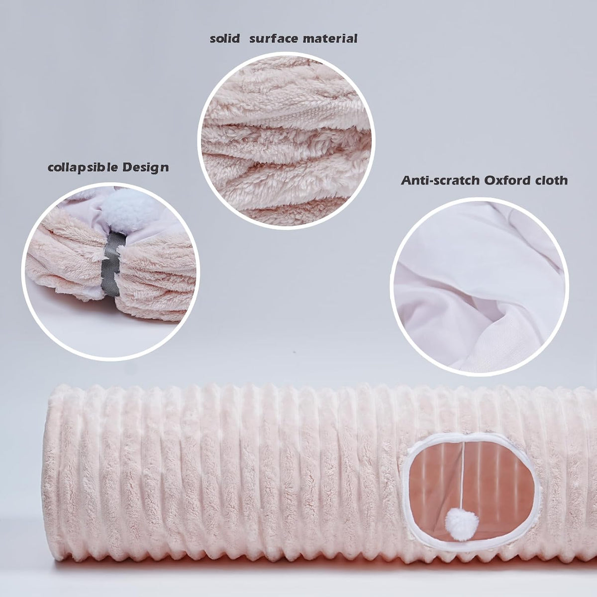 Luxurious Cat Tunnel,43" Straight Cat Tunnel Toys with Balls for Indoor,Collapsible Peekaboo Cave for Kitten（Pink Stripe）