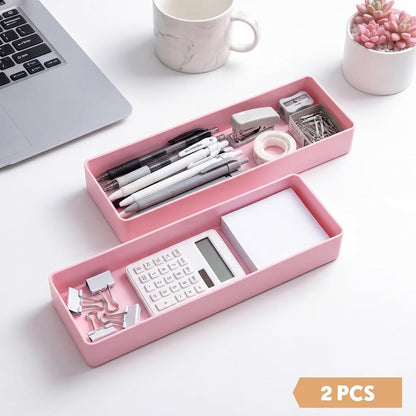 2 Pcs Pink Large Rectangular Desk Organizer Set, Half Accessory Tray, Plastic Tabletop Organizer for Office, Home, or Study, Dimensions: 9.45 x 2.95 x 1.38 Inches