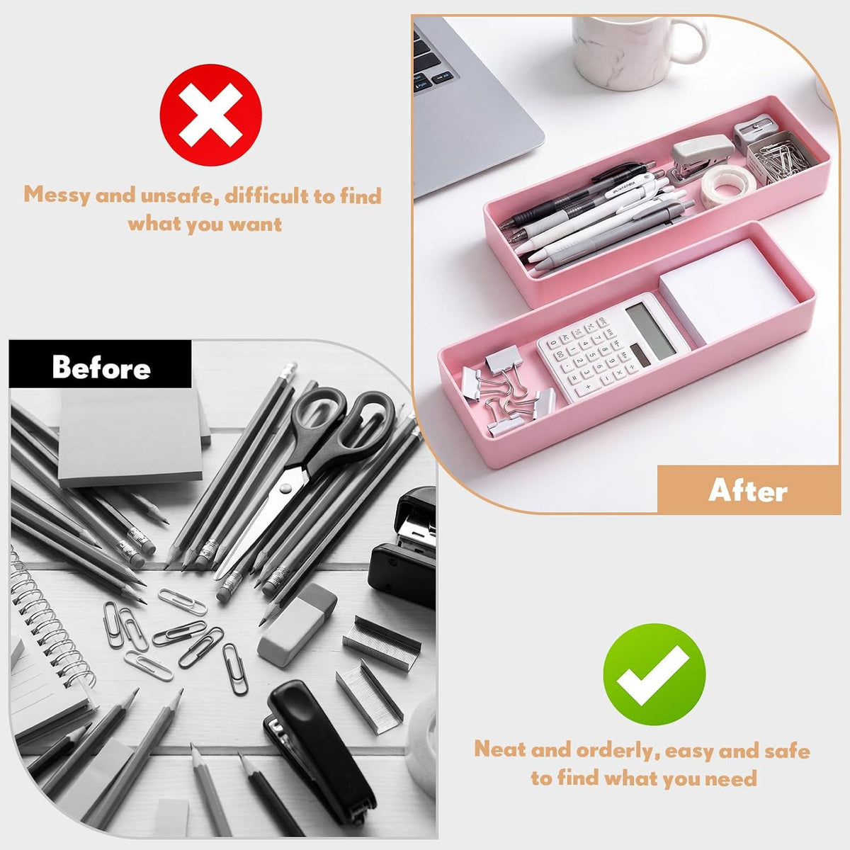 2 Pcs Pink Large Rectangular Desk Organizer Set, Half Accessory Tray, Plastic Tabletop Organizer for Office, Home, or Study, Dimensions: 9.45 x 2.95 x 1.38 Inches