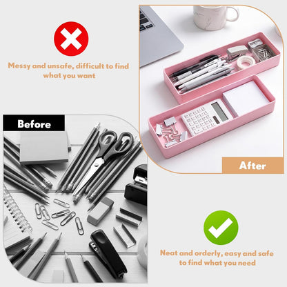 2 Pcs Pink Large Rectangular Desk Organizer Set, Half Accessory Tray, Plastic Tabletop Organizer for Office, Home, or Study, Dimensions: 9.45 x 2.95 x 1.38 Inches