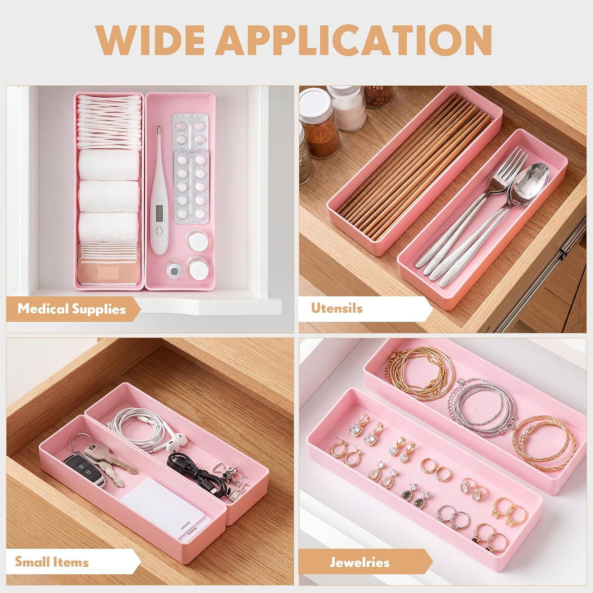 2 Pcs Pink Large Rectangular Desk Organizer Set, Half Accessory Tray, Plastic Tabletop Organizer for Office, Home, or Study, Dimensions: 9.45 x 2.95 x 1.38 Inches