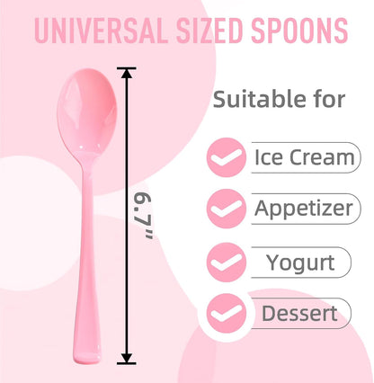 50 Pcs Pink Plastic Spoons, Pink Plastic Silverware Heavy Duty, Disposable Cutlery Set for Brithday, Wedding, Baby Shower, Bridal Showe, Garden Party