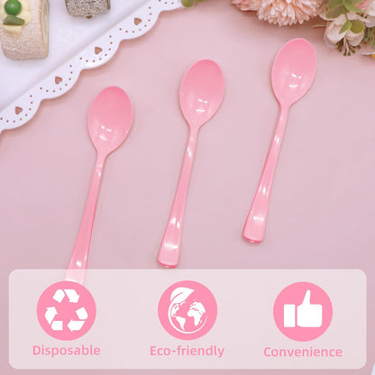 50 Pcs Pink Plastic Spoons, Pink Plastic Silverware Heavy Duty, Disposable Cutlery Set for Brithday, Wedding, Baby Shower, Bridal Showe, Garden Party