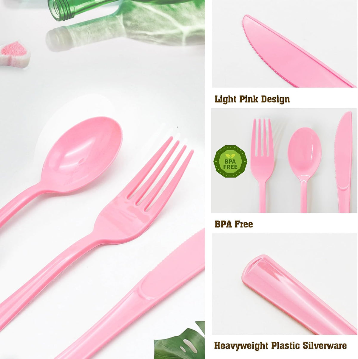 50 Pcs Pink Plastic Spoons, Pink Plastic Silverware Heavy Duty, Disposable Cutlery Set for Brithday, Wedding, Baby Shower, Bridal Showe, Garden Party