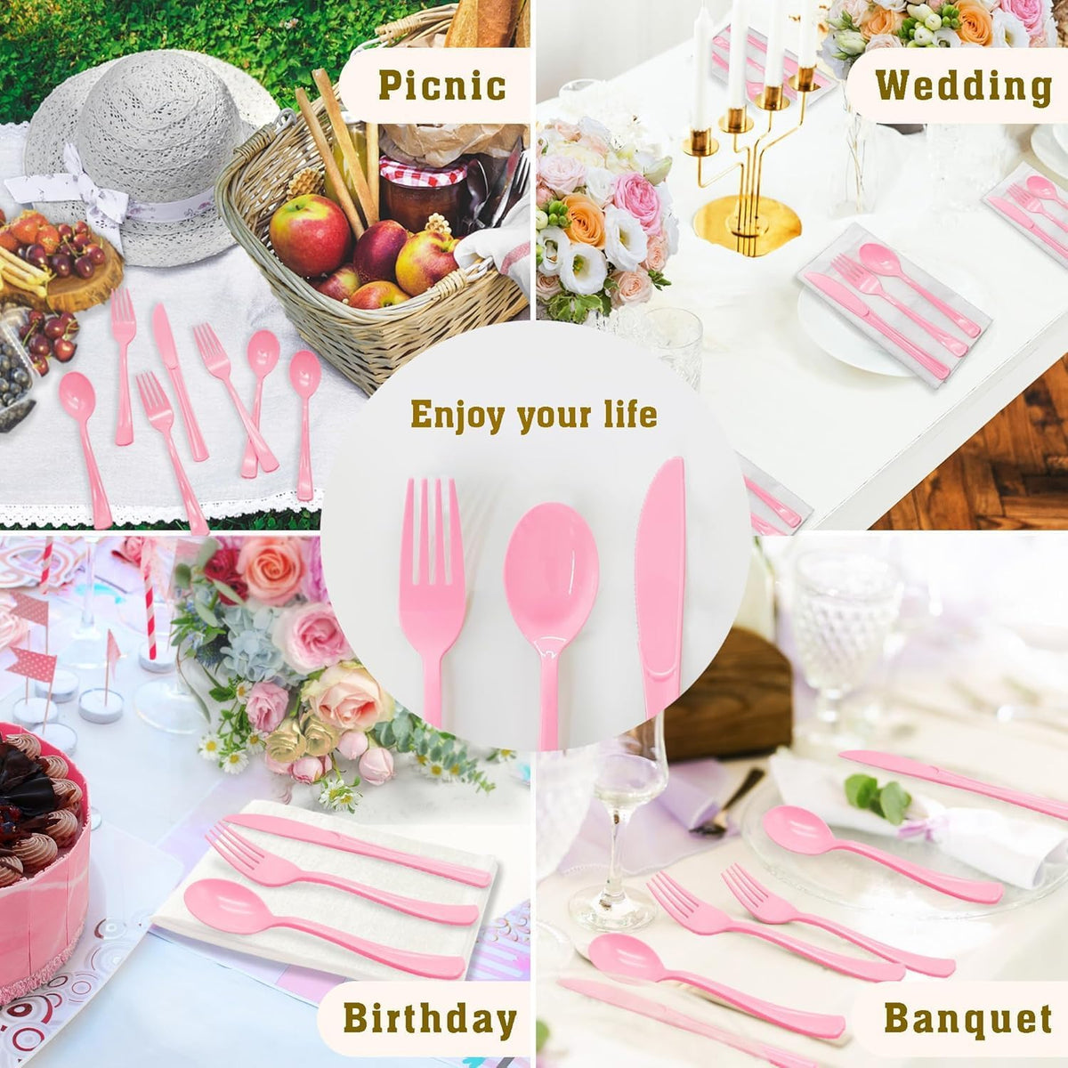 50 Pcs Pink Plastic Spoons, Pink Plastic Silverware Heavy Duty, Disposable Cutlery Set for Brithday, Wedding, Baby Shower, Bridal Showe, Garden Party