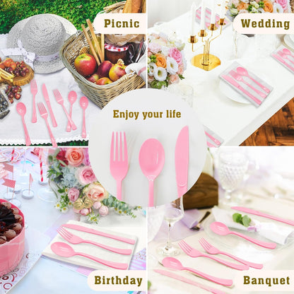50 Pcs Pink Plastic Spoons, Pink Plastic Silverware Heavy Duty, Disposable Cutlery Set for Brithday, Wedding, Baby Shower, Bridal Showe, Garden Party