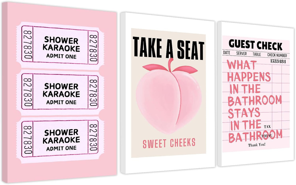 Funny Pink Bathroom Wall Art Set of 3 Take a Seat Sweet Cheeks Poster Peach Bathroom Wall Decor Retro Guest Room Prints Girly Aesthetic Preppy Fruit Restroom Pictures 12x16 Inch Unframed