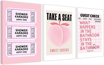 Funny Pink Bathroom Wall Art Set of 3 Take a Seat Sweet Cheeks Poster Peach Bathroom Wall Decor Retro Guest Room Prints Girly Aesthetic Preppy Fruit Restroom Pictures 12x16 Inch Unframed