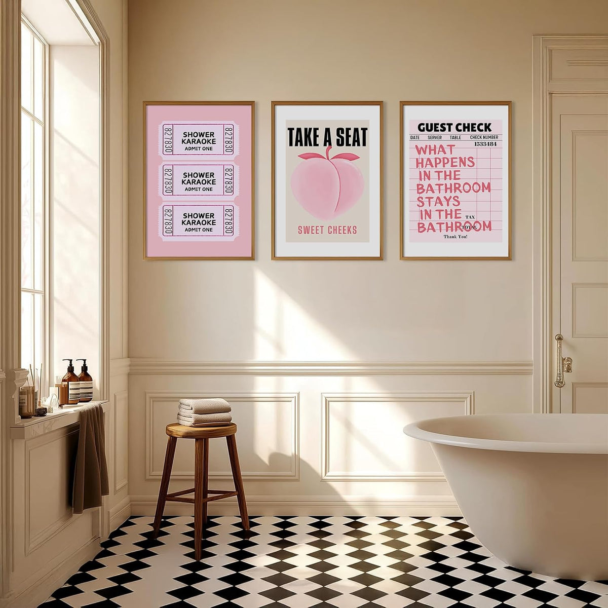 Funny Pink Bathroom Wall Art Set of 3 Take a Seat Sweet Cheeks Poster Peach Bathroom Wall Decor Retro Guest Room Prints Girly Aesthetic Preppy Fruit Restroom Pictures 12x16 Inch Unframed