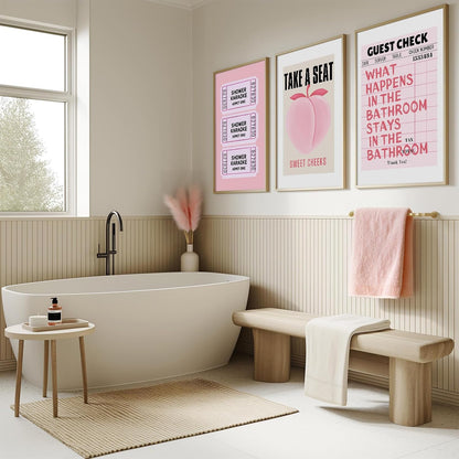 Funny Pink Bathroom Wall Art Set of 3 Take a Seat Sweet Cheeks Poster Peach Bathroom Wall Decor Retro Guest Room Prints Girly Aesthetic Preppy Fruit Restroom Pictures 12x16 Inch Unframed