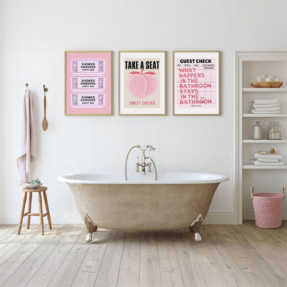 Funny Pink Bathroom Wall Art Set of 3 Take a Seat Sweet Cheeks Poster Peach Bathroom Wall Decor Retro Guest Room Prints Girly Aesthetic Preppy Fruit Restroom Pictures 12x16 Inch Unframed