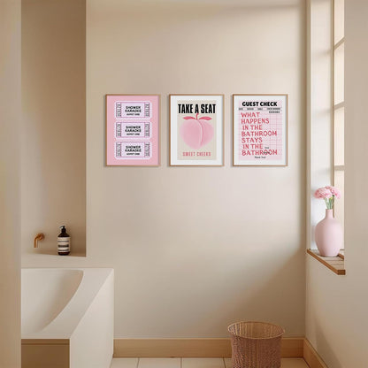 Funny Pink Bathroom Wall Art Set of 3 Take a Seat Sweet Cheeks Poster Peach Bathroom Wall Decor Retro Guest Room Prints Girly Aesthetic Preppy Fruit Restroom Pictures 12x16 Inch Unframed