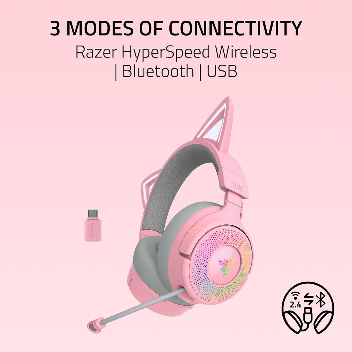 Kraken Kitty V3 Pro Wireless RGB Gaming Headset, Pink