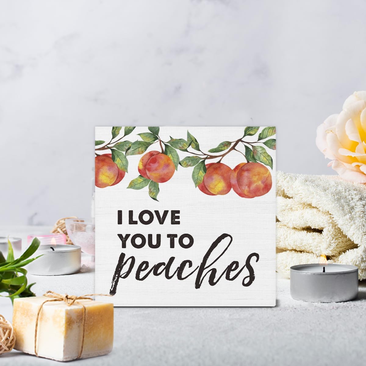 I Love You to Peaches Wooden Box Sign Peach Bathroom Decor, Peachy Love Quote Wood Sign for Farmhouse Home Bathroom Kitchen Desk Shelf Table Decorations 5 X 5 Inch