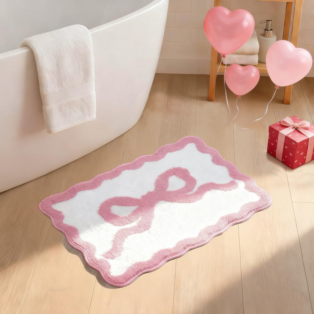Pink Bow Bathroom Rugs Cute Scalloped Bow Bath Mat, 16" x 24"