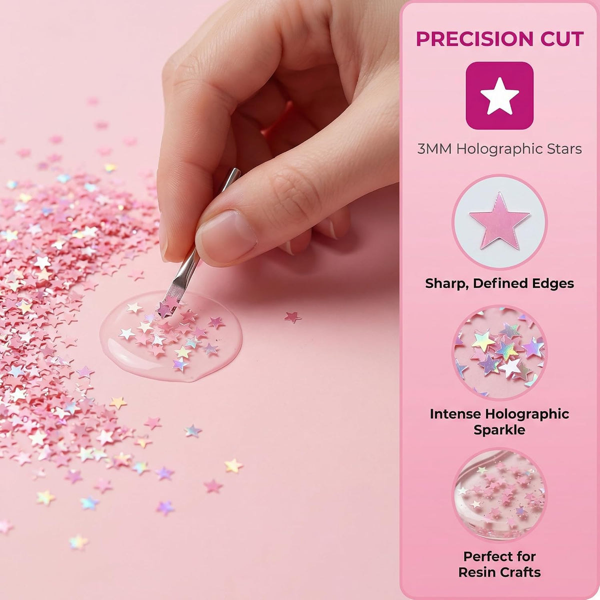 3mm Pink Star Glitter - 50g Bulk Glitter for Crafts with 6-Grid Storage Box, Holographic Sequins for Crafts, Small Stars for Resin Art, Nail Design, Slime Supplies, DIY Decor