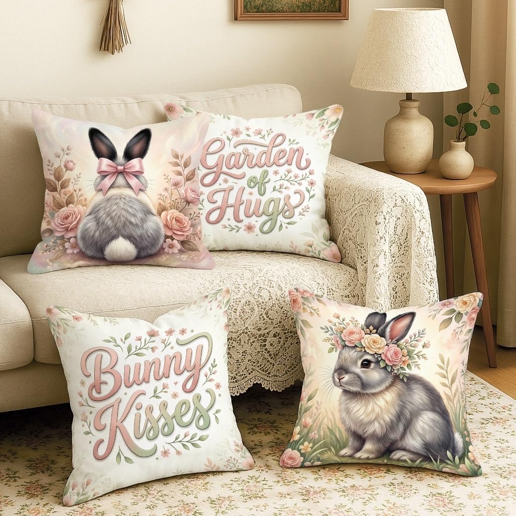 Rabbit Throw Pillow Covers Set of 4, Spring Fanciful Bow Flowers Spring Pastel Peach with Hidden Zipper Decorative Pillow Cases for Living Room Bedroom Loft Office Car Decor 16x16 Inch