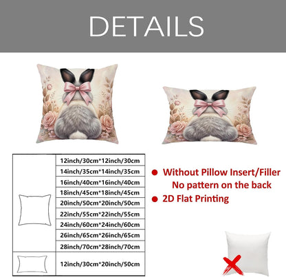 Rabbit Throw Pillow Covers Set of 4, Spring Fanciful Bow Flowers Spring Pastel Peach with Hidden Zipper Decorative Pillow Cases for Living Room Bedroom Loft Office Car Decor 16x16 Inch