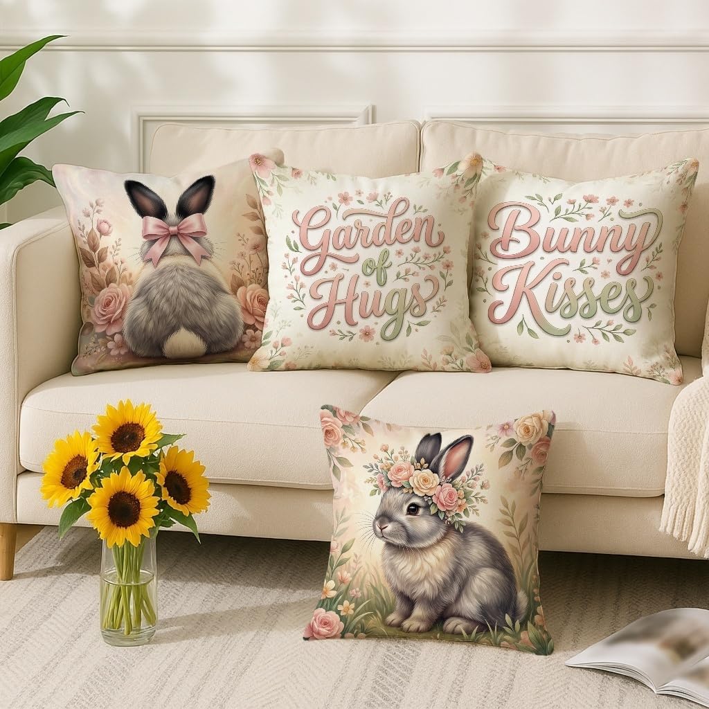 Rabbit Throw Pillow Covers Set of 4, Spring Fanciful Bow Flowers Spring Pastel Peach with Hidden Zipper Decorative Pillow Cases for Living Room Bedroom Loft Office Car Decor 16x16 Inch