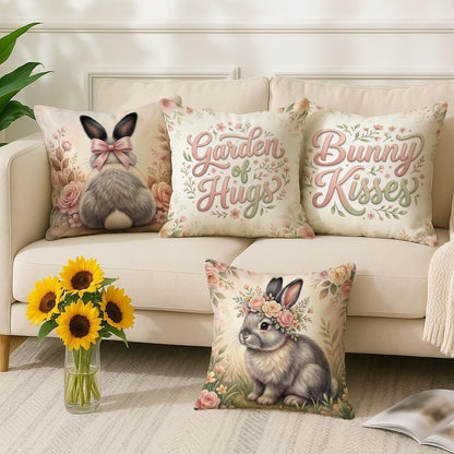 Rabbit Throw Pillow Covers Set of 4, Spring Fanciful Bow Flowers Spring Pastel Peach with Hidden Zipper Decorative Pillow Cases for Living Room Bedroom Loft Office Car Decor 16x16 Inch