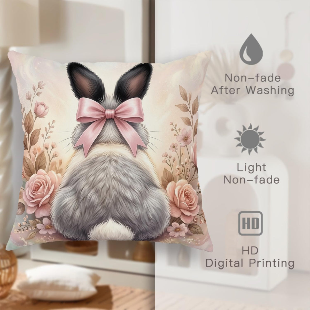 Rabbit Throw Pillow Covers Set of 4, Spring Fanciful Bow Flowers Spring Pastel Peach with Hidden Zipper Decorative Pillow Cases for Living Room Bedroom Loft Office Car Decor 16x16 Inch