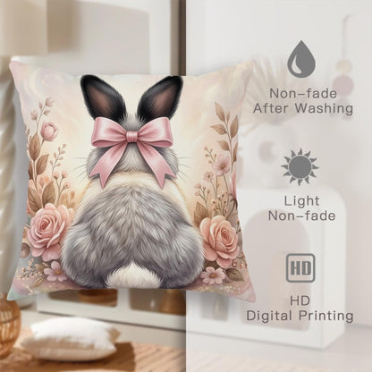 Rabbit Throw Pillow Covers Set of 4, Spring Fanciful Bow Flowers Spring Pastel Peach with Hidden Zipper Decorative Pillow Cases for Living Room Bedroom Loft Office Car Decor 16x16 Inch