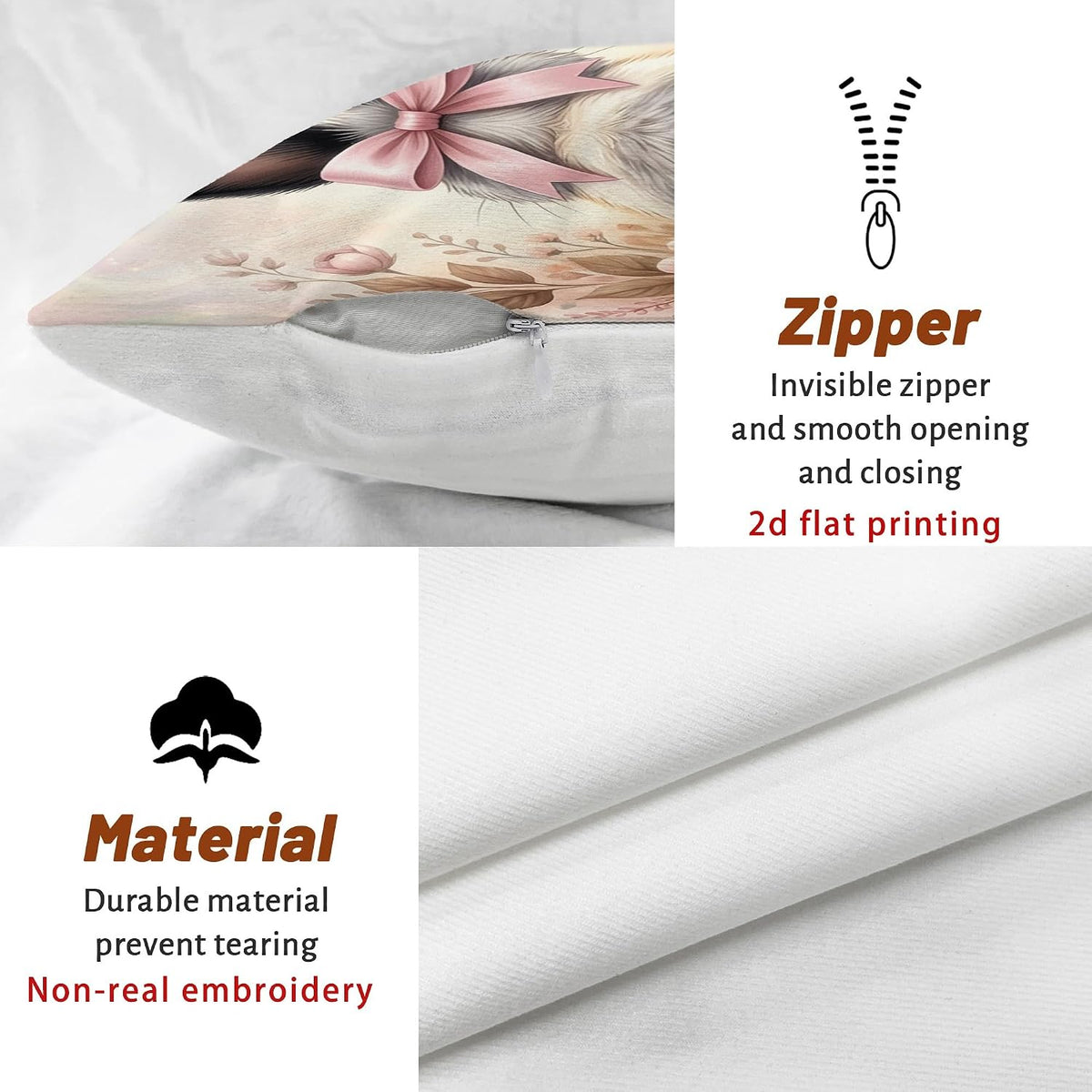 Rabbit Throw Pillow Covers Set of 4, Spring Fanciful Bow Flowers Spring Pastel Peach with Hidden Zipper Decorative Pillow Cases for Living Room Bedroom Loft Office Car Decor 16x16 Inch