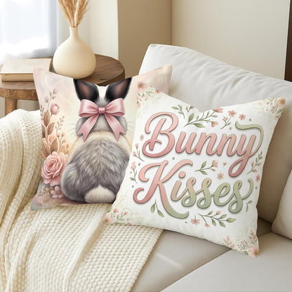 Rabbit Throw Pillow Covers Set of 4, Spring Fanciful Bow Flowers Spring Pastel Peach with Hidden Zipper Decorative Pillow Cases for Living Room Bedroom Loft Office Car Decor 16x16 Inch