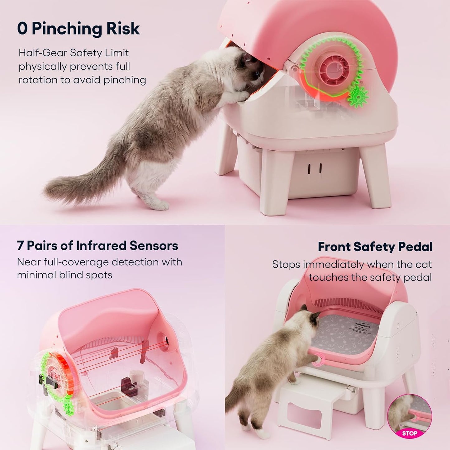 PetPivot Open Top Self Cleaning Cat Litter Box, Automatic Litter Box with 7 Pairs of Safety Sensors, Anti-Pinch Protection and Easy Access Step for Senior Cats, Pink