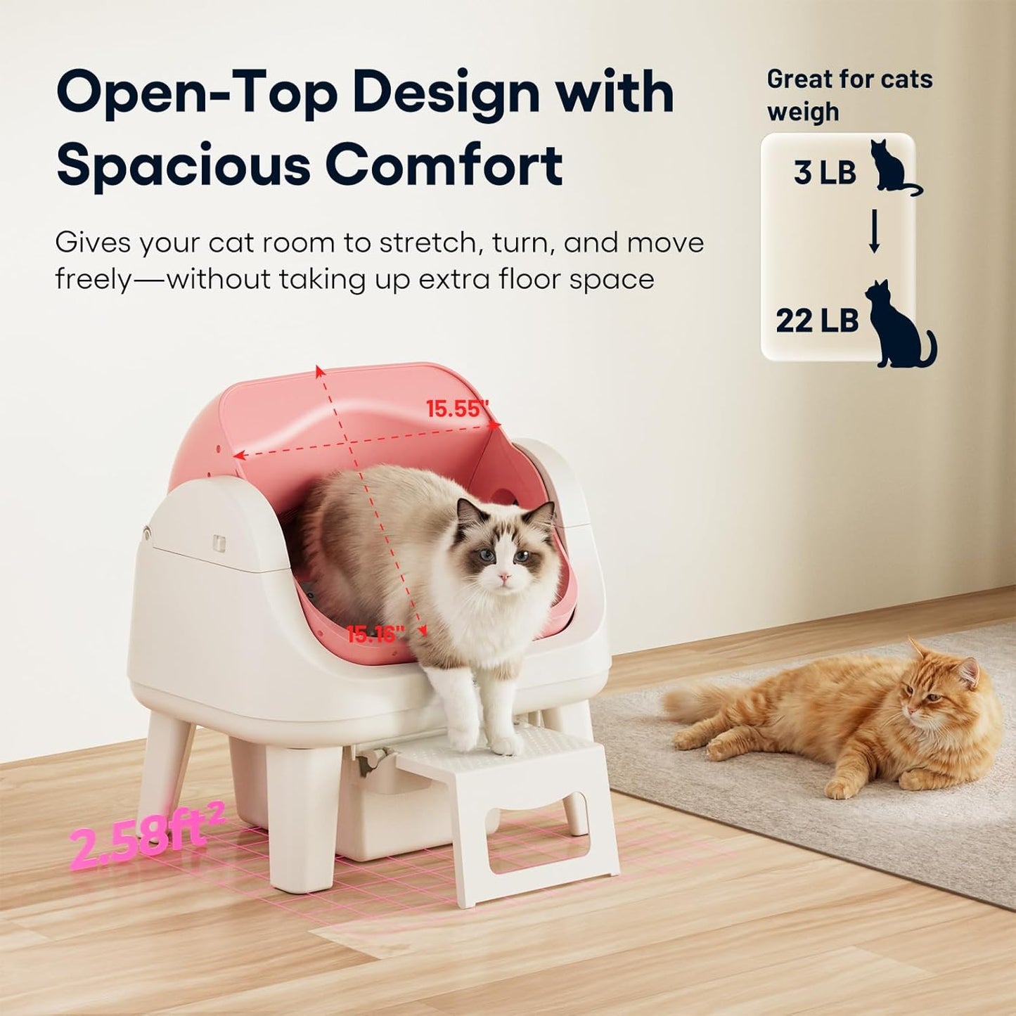 PetPivot Open Top Self Cleaning Cat Litter Box, Automatic Litter Box with 7 Pairs of Safety Sensors, Anti-Pinch Protection and Easy Access Step for Senior Cats, Pink