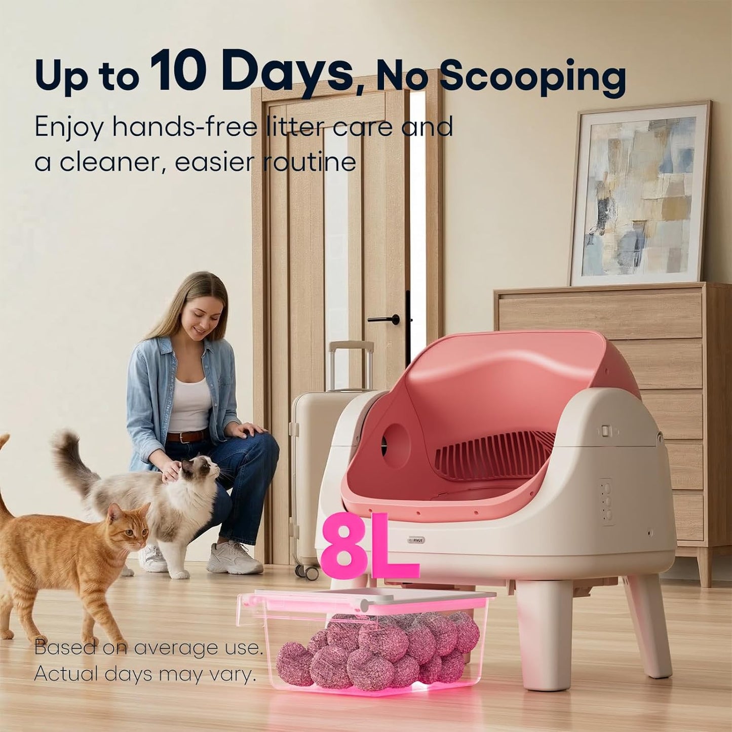 PetPivot Open Top Self Cleaning Cat Litter Box, Automatic Litter Box with 7 Pairs of Safety Sensors, Anti-Pinch Protection and Easy Access Step for Senior Cats, Pink