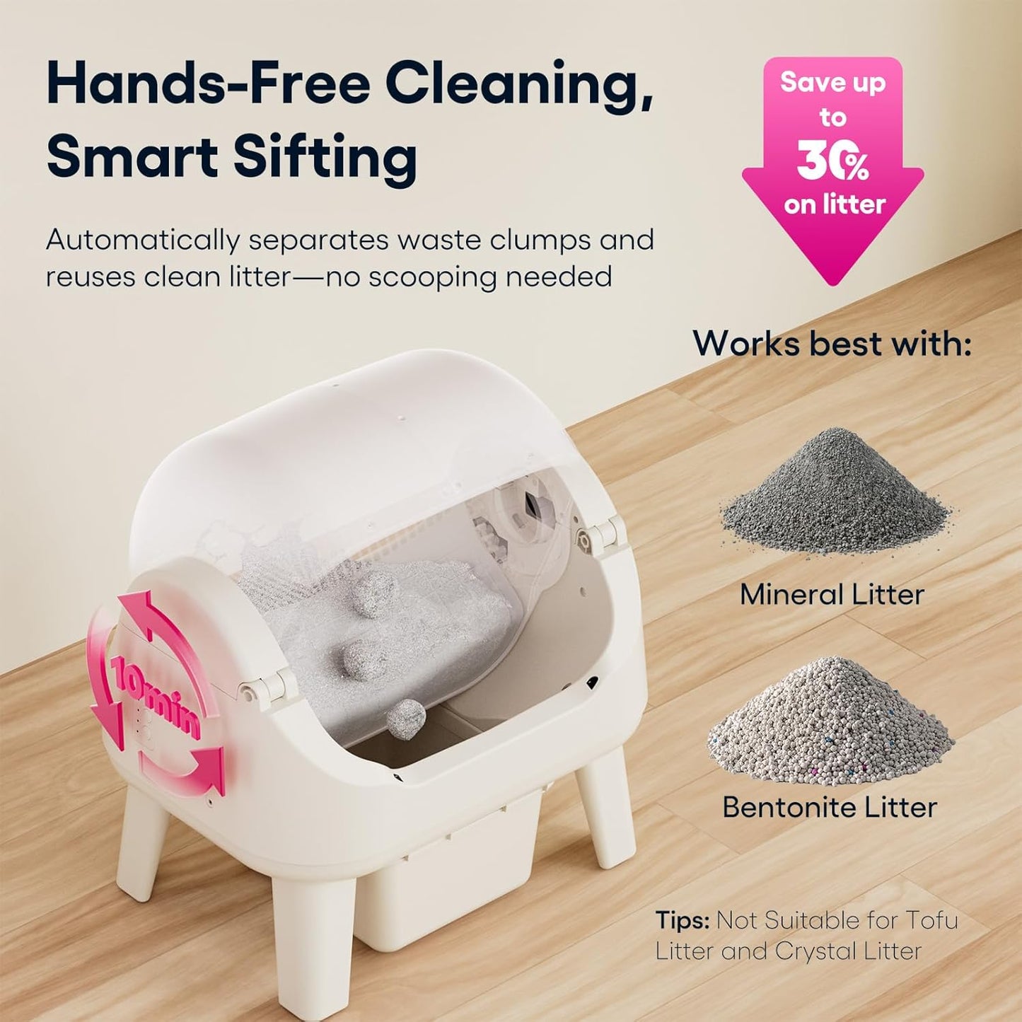 PetPivot Open Top Self Cleaning Cat Litter Box, Automatic Litter Box with 7 Pairs of Safety Sensors, Anti-Pinch Protection and Easy Access Step for Senior Cats, Pink