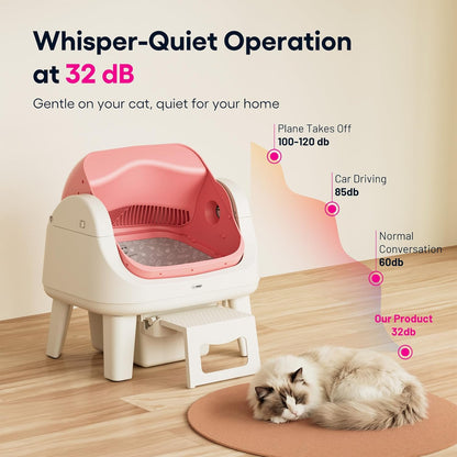 PetPivot Open Top Self Cleaning Cat Litter Box, Automatic Litter Box with 7 Pairs of Safety Sensors, Anti-Pinch Protection and Easy Access Step for Senior Cats, Pink