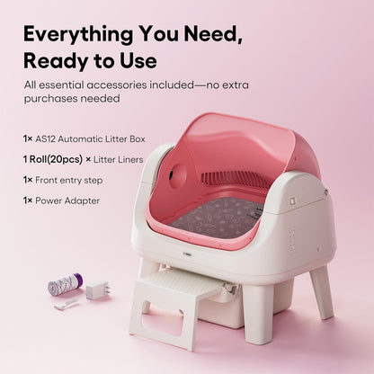 PetPivot Open Top Self Cleaning Cat Litter Box, Automatic Litter Box with 7 Pairs of Safety Sensors, Anti-Pinch Protection and Easy Access Step for Senior Cats, Pink